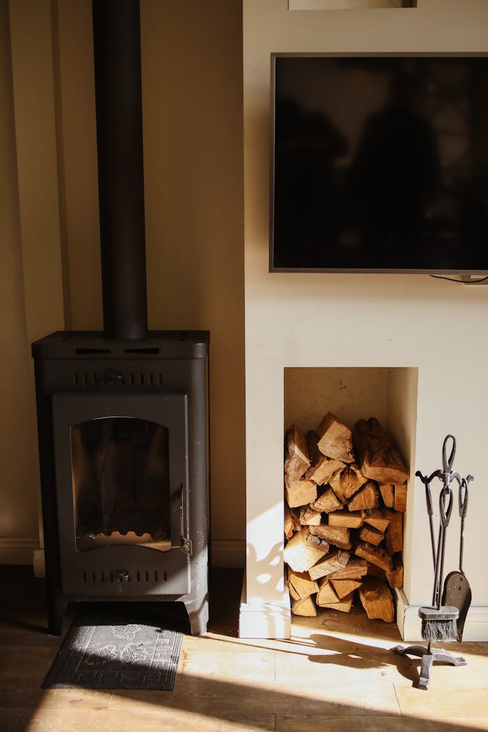 Warm and inviting living room featuring a wood-burning stove and stacked firewood.